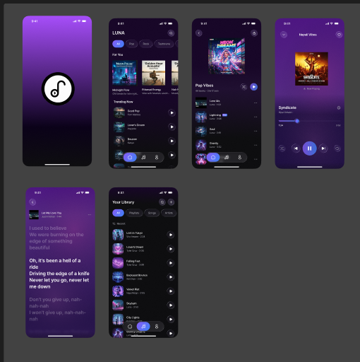 Luna Music Player UI mockup showing home, library, player, and lyrics screens