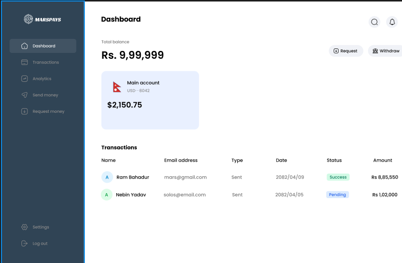 MarsPays payment dashboard UI with balance card, transaction table and sidebar navigation