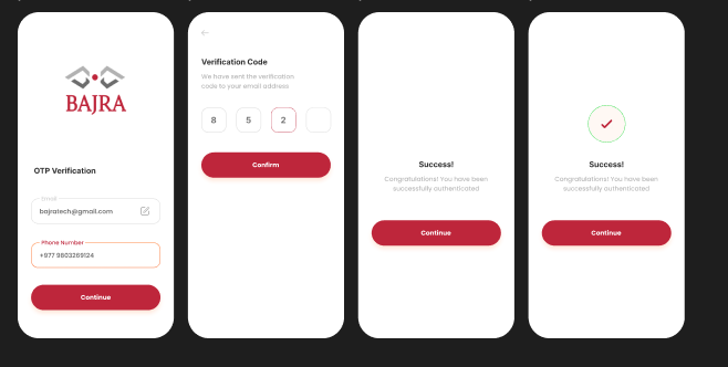 OTP verification flow UI screens designed for Bajra Technologies
